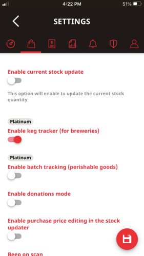 Activating the keg tracker feature in settings | Telesto